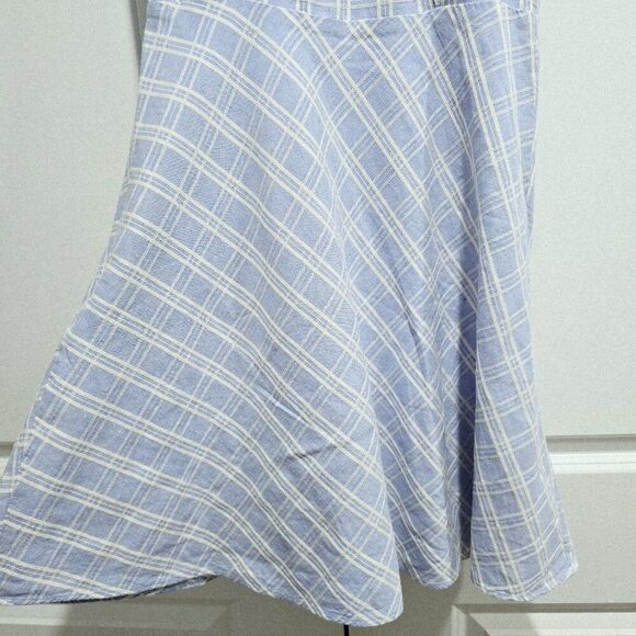 Draper James - 4 Cotton Linen Blue Plaid Fit & Flare Dress Ruffle Embroidery - Picture 6 of 7